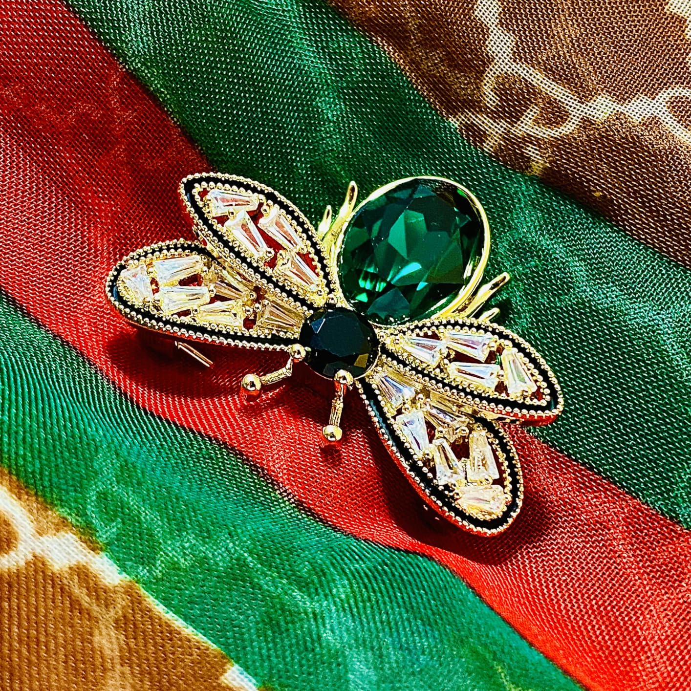 Antique Emerald Green Crystal Bee Brooch