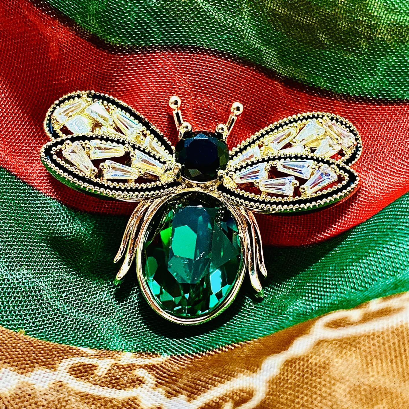 Antique Emerald Green Crystal Bee Brooch