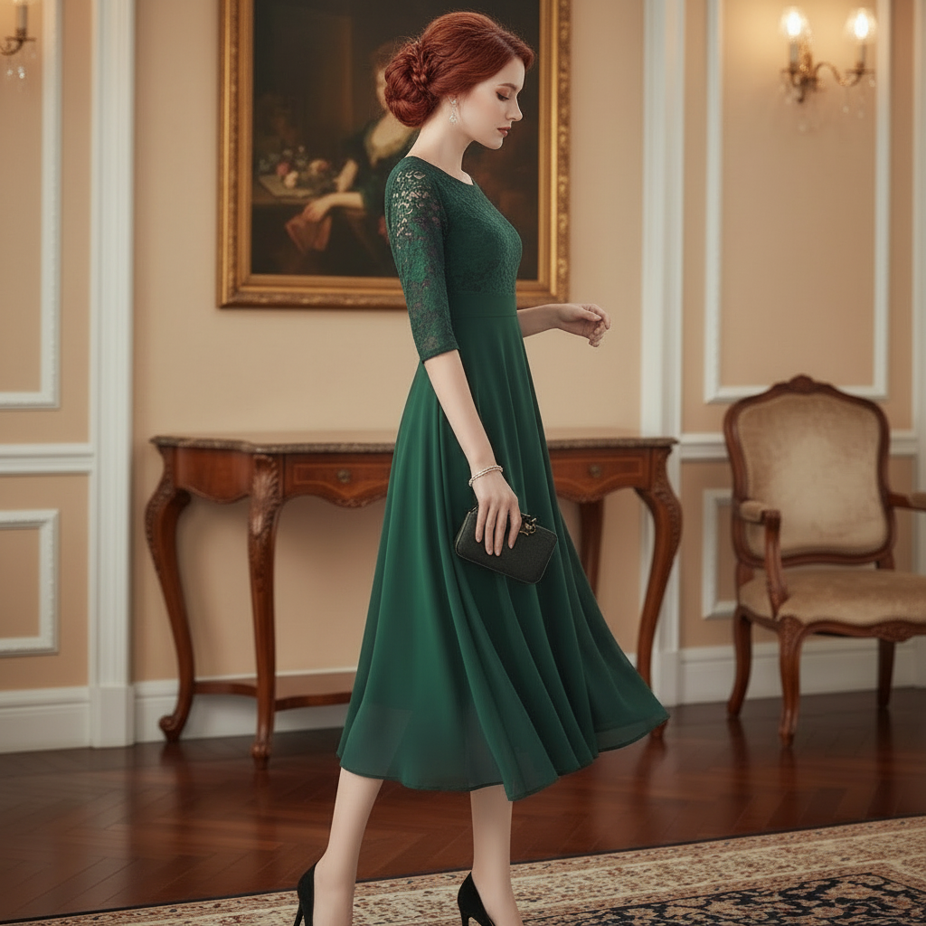 Vogue Chiffon Lace Midi Dress