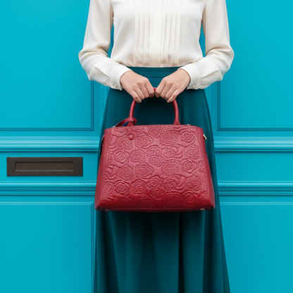 Floral Embossed Genuine Leather Handbag