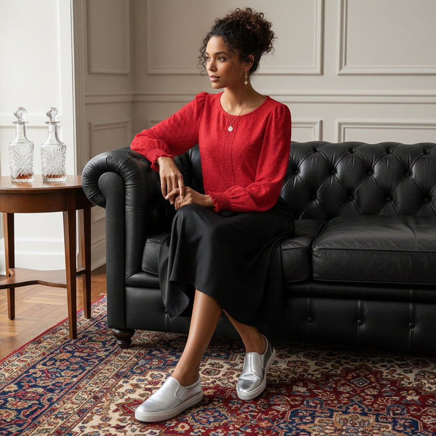 Polka Dot Lace Lantern Sleeve Top