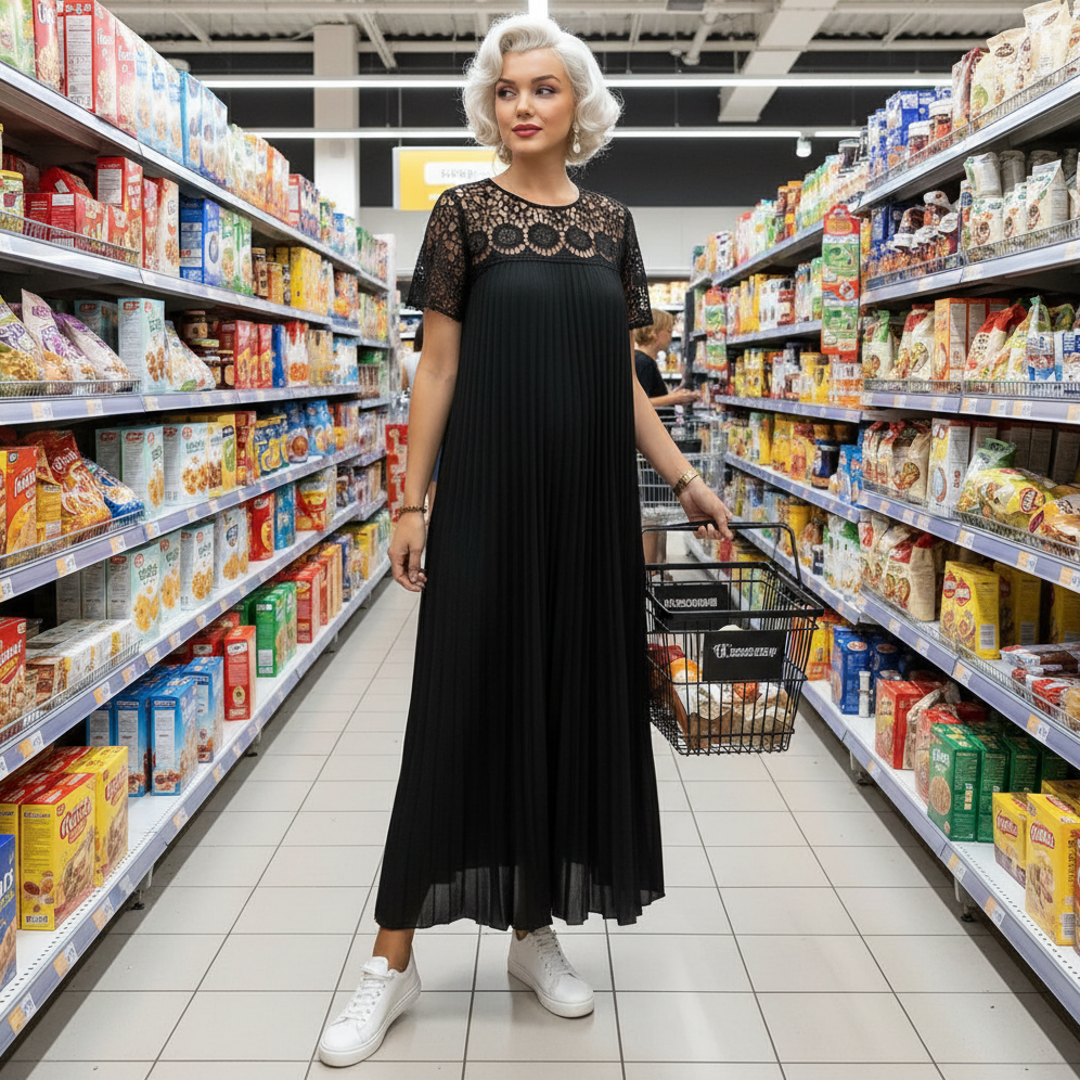 Plus Size Elegant Lace Trim Pleated Dress