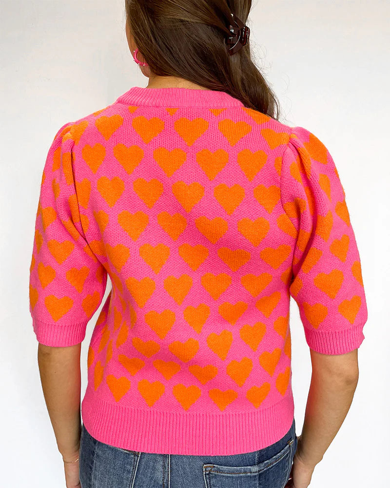 Vibrant Heart Short Sleeve Pullover Sweater Top