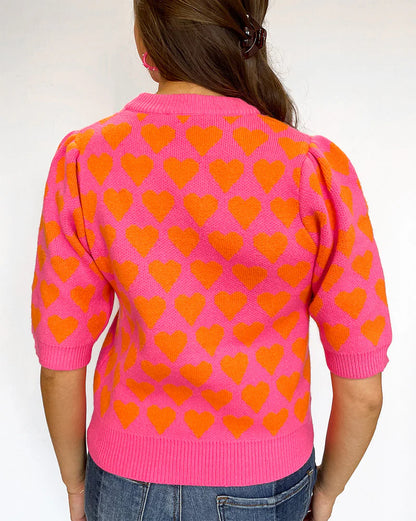 Vibrant Heart Short Sleeve Pullover Sweater Top