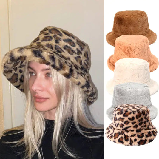 Winter Cow Leopard Faux Fur Bucket Hats