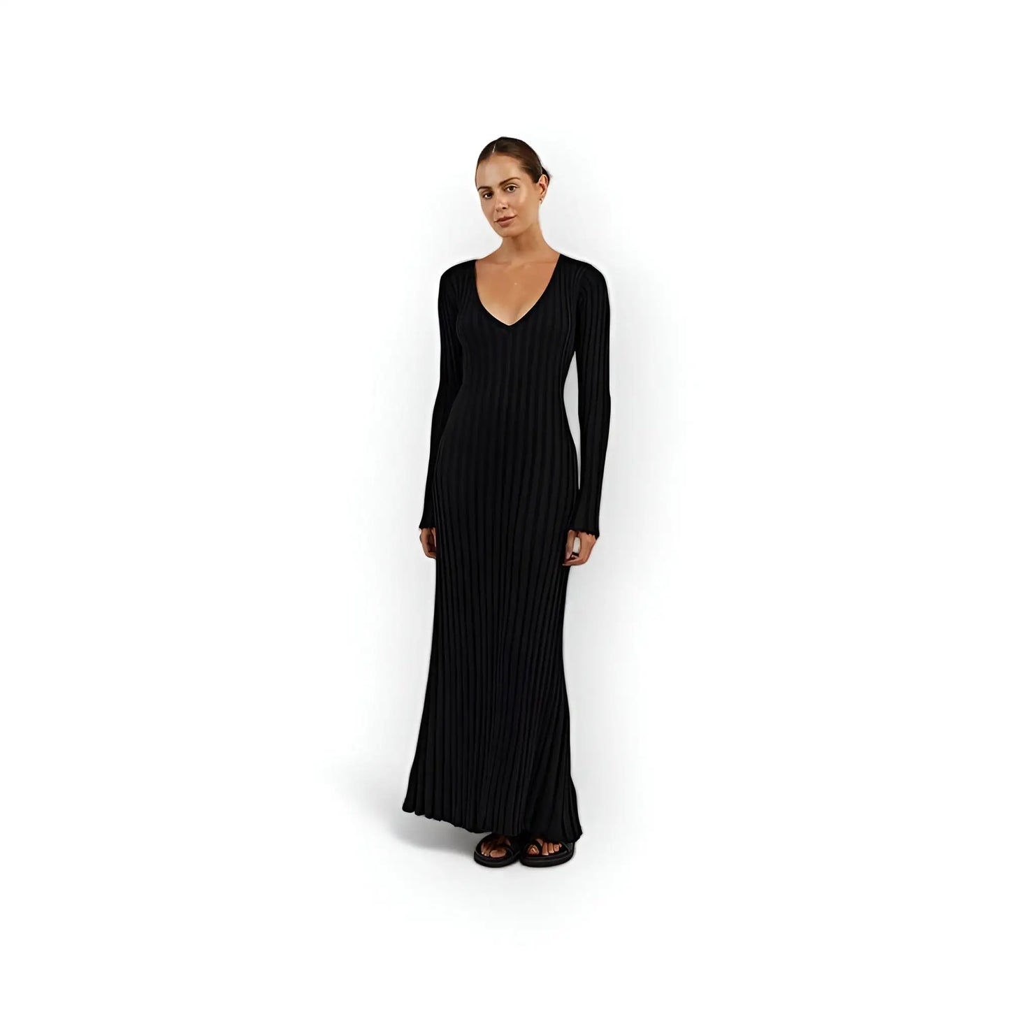 V Neck Long Sleeved Knit Maxi Dress