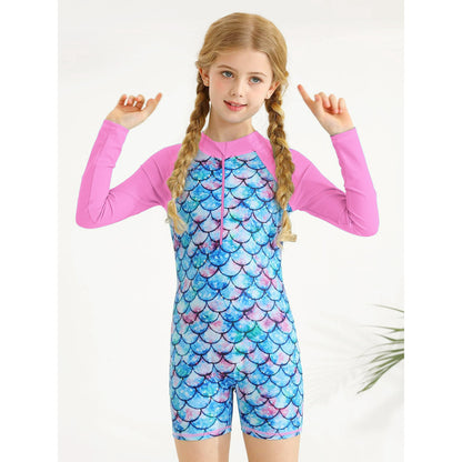 Girls Mermaid One Piece Rash Guard Swimsuits