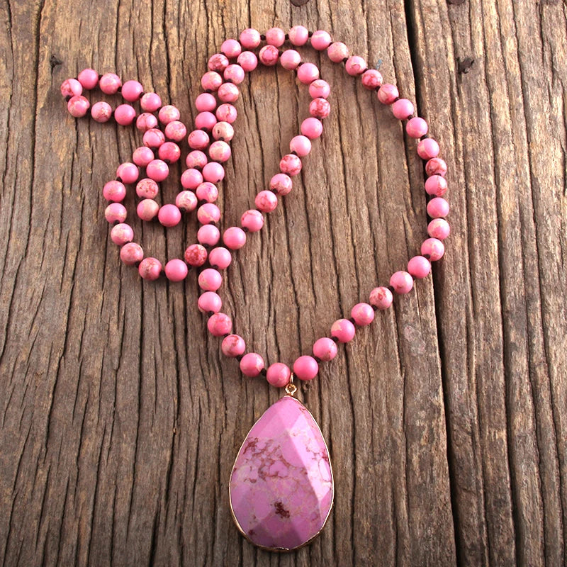 Bohemian Beaded Stone Teardrop Pendant Necklace