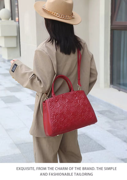 Floral Embossed Genuine Leather Handbag
