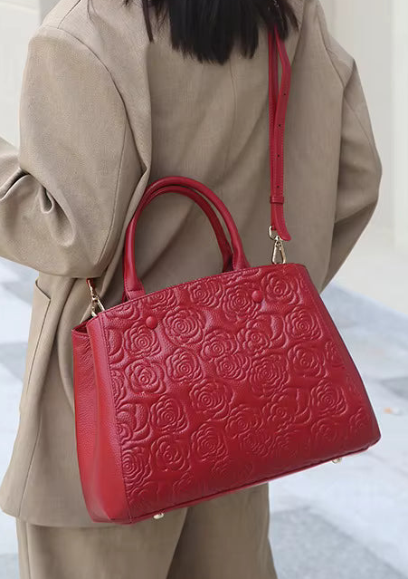 Floral Embossed Genuine Leather Handbag