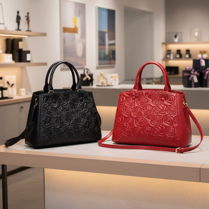 Floral Embossed Genuine Leather Handbag
