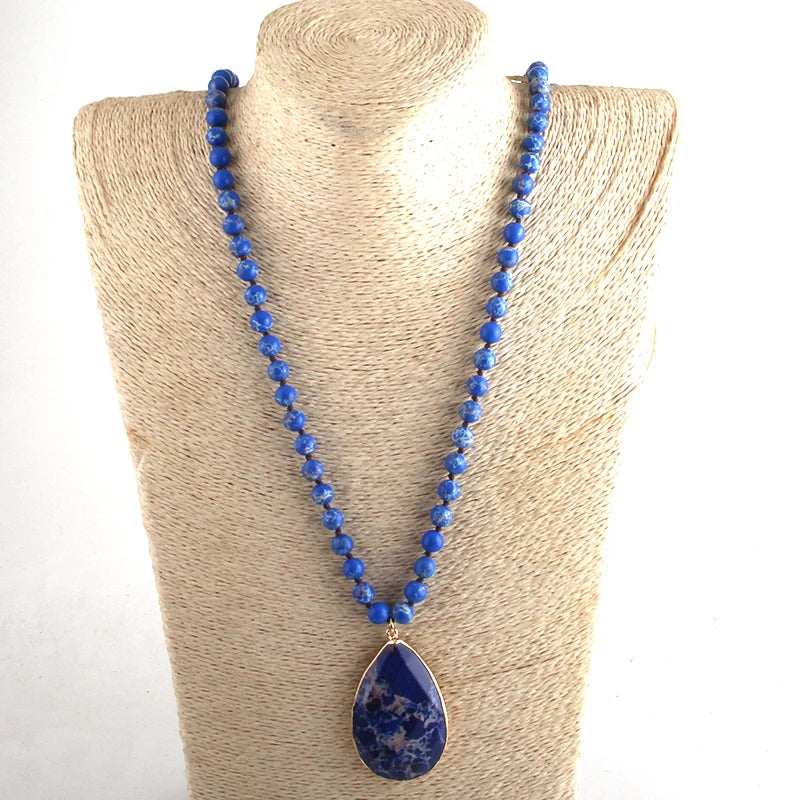 Bohemian Beaded Stone Teardrop Pendant Necklace
