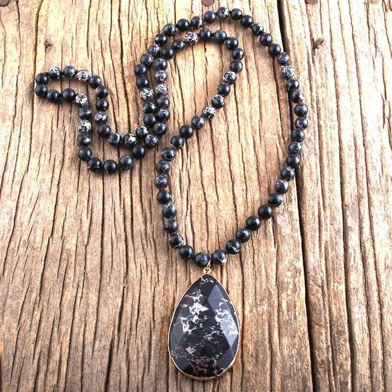 Bohemian Beaded Stone Teardrop Pendant Necklace