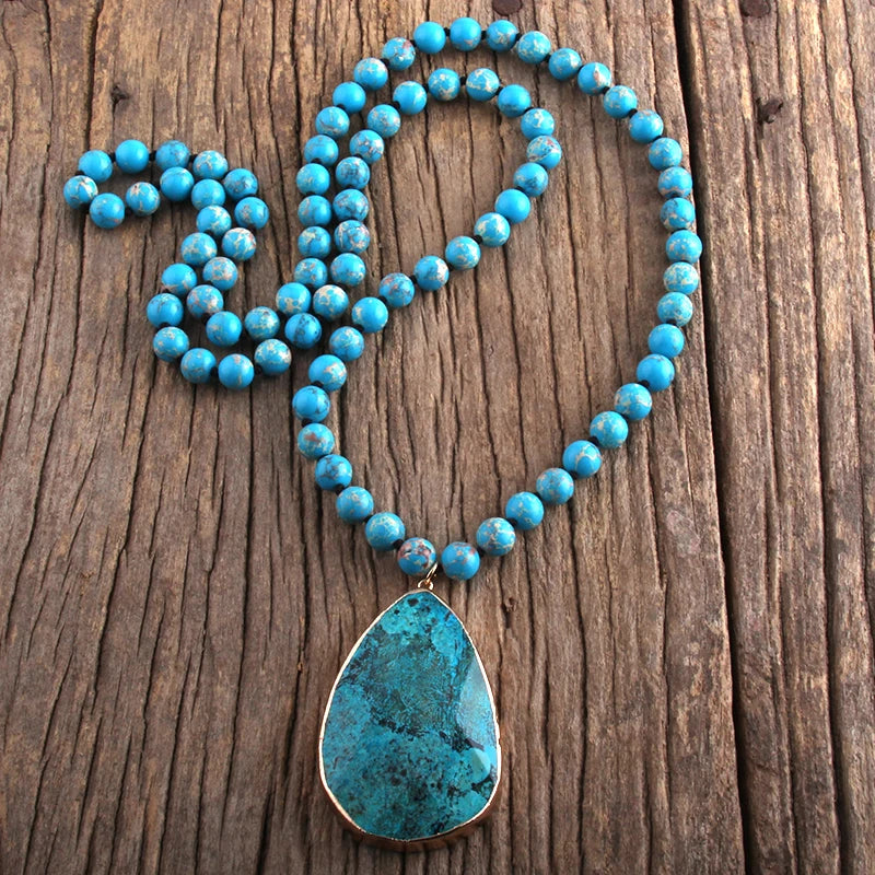 Bohemian Beaded Stone Teardrop Pendant Necklace