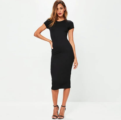 Short Sleeve Crew Neck Midi Bodycon Slip Dress