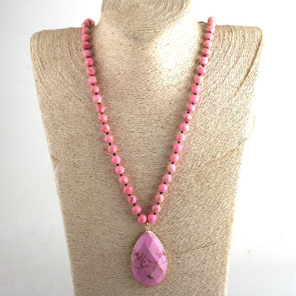 Bohemian Beaded Stone Teardrop Pendant Necklace