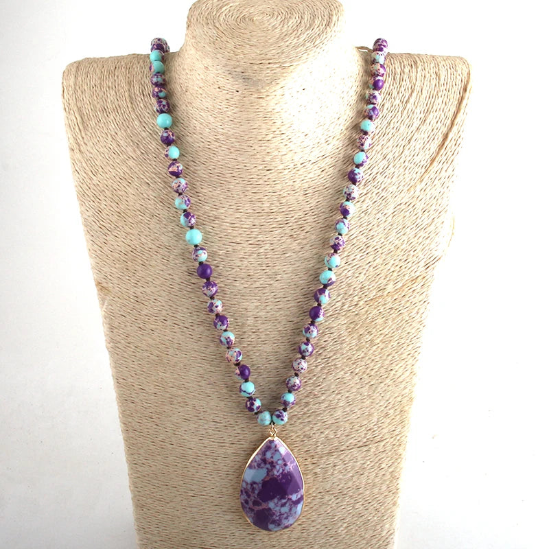 Bohemian Beaded Stone Teardrop Pendant Necklace