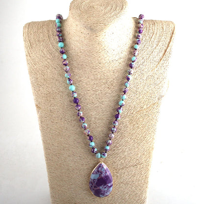 Bohemian Beaded Stone Teardrop Pendant Necklace