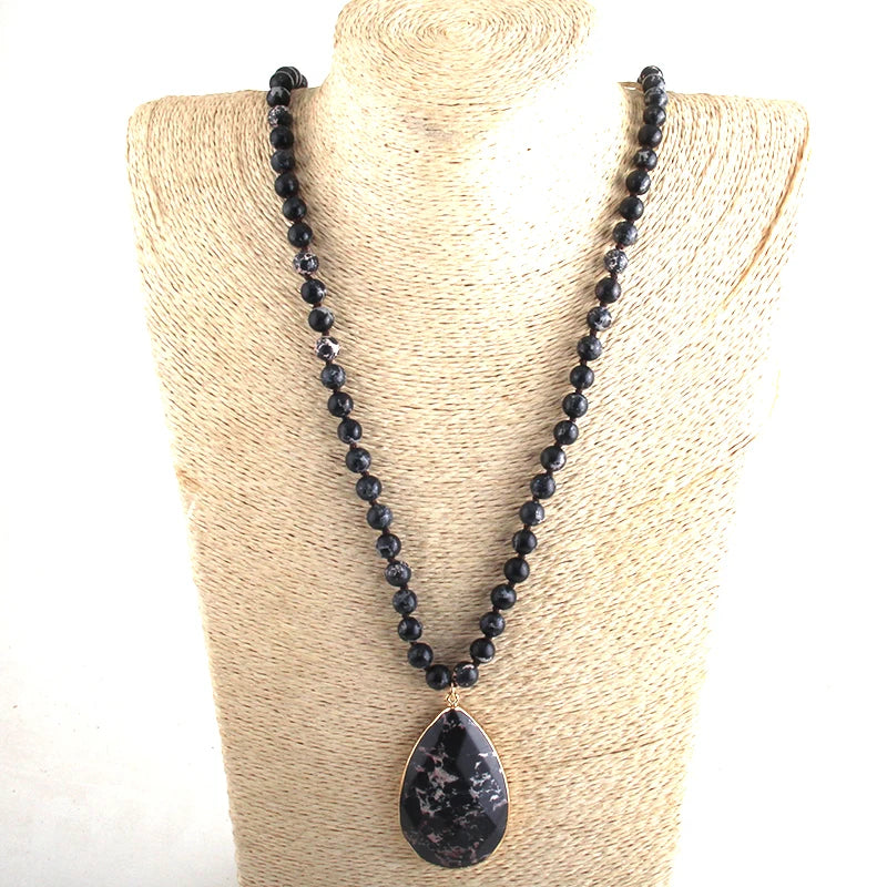 Bohemian Beaded Stone Teardrop Pendant Necklace