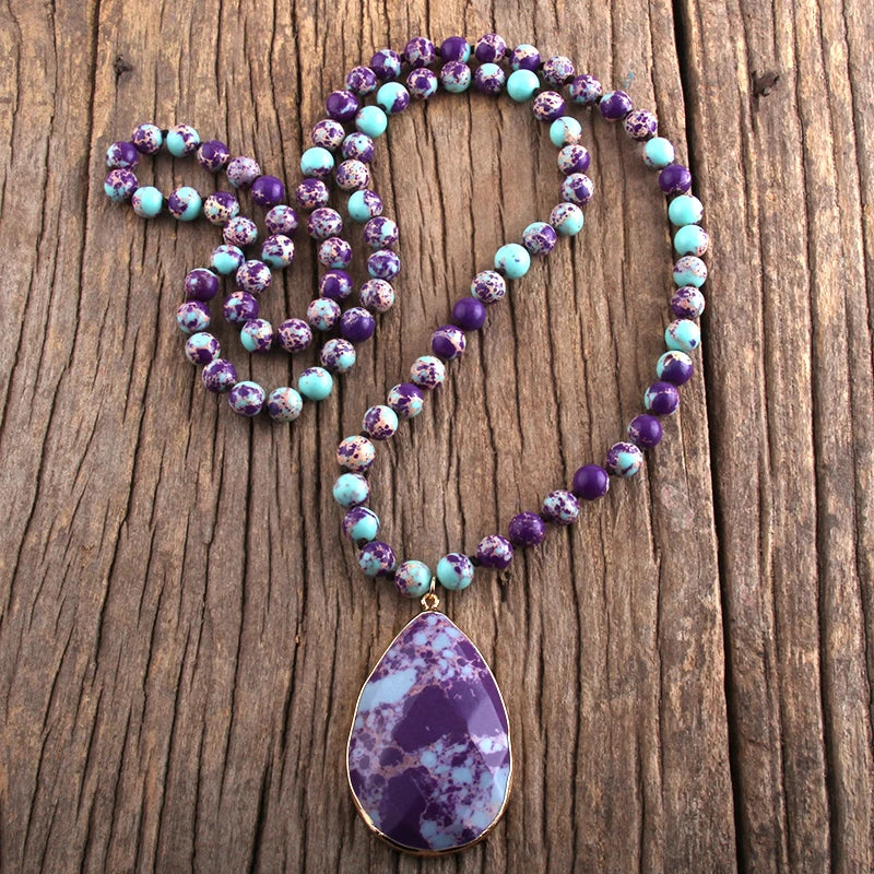 Bohemian Beaded Stone Teardrop Pendant Necklace