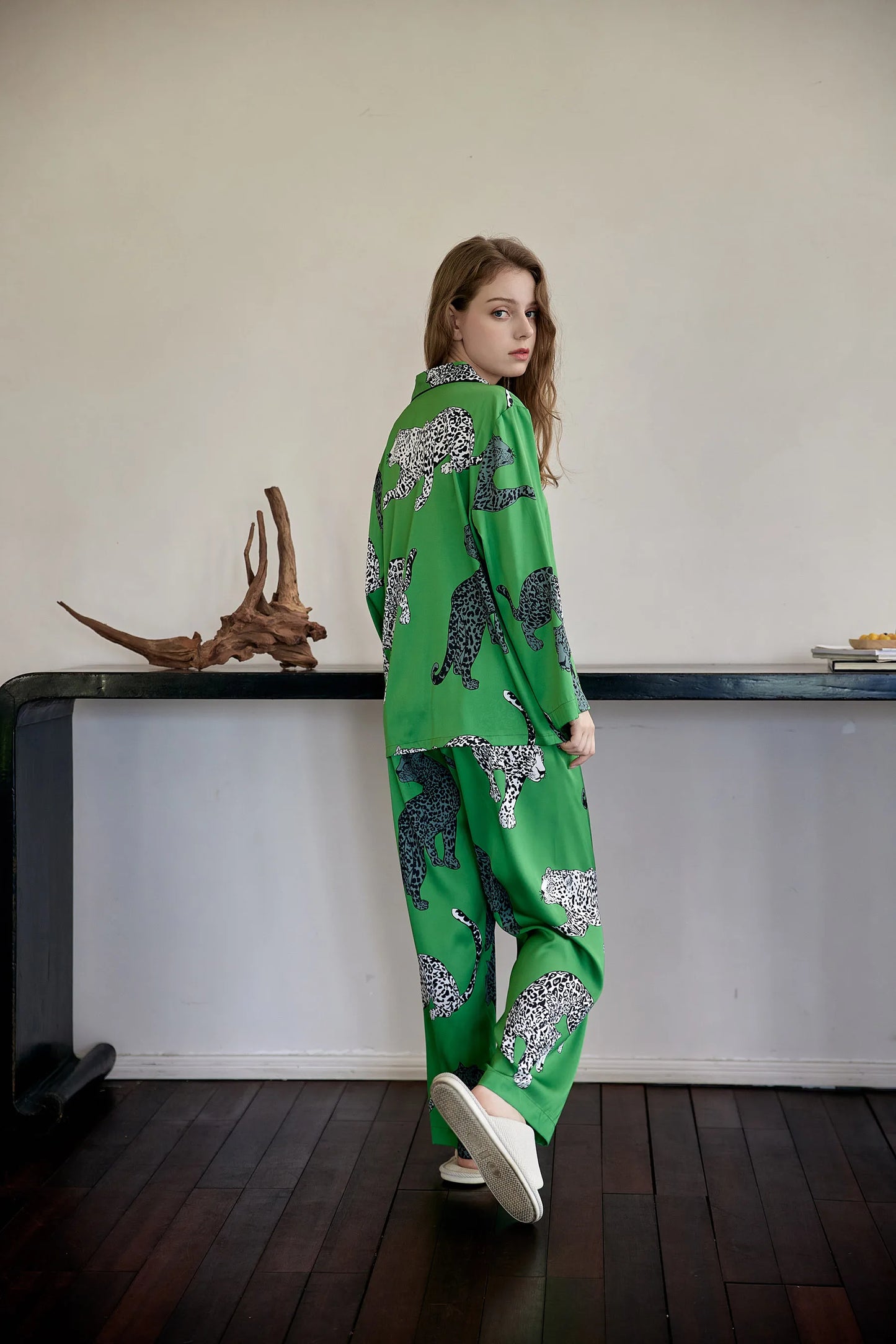 Green Leopard Silk Pajama Sleepwear Set