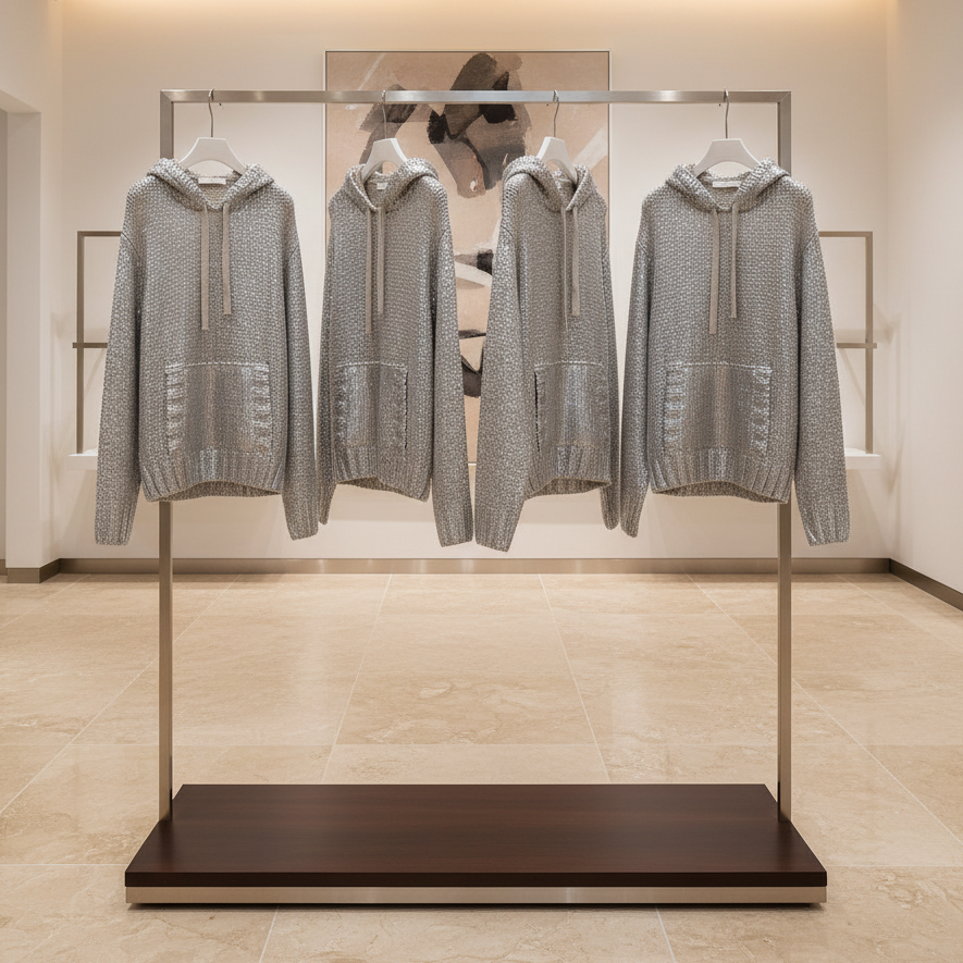 WOLFF Metallic Silver Hoodie Knit Sweater