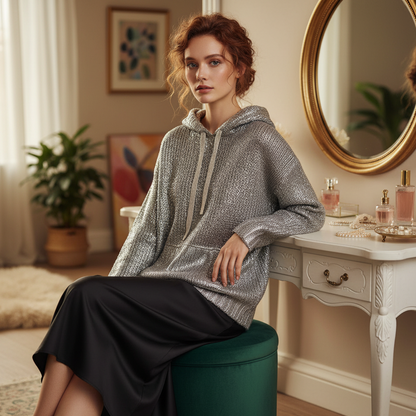 WOLFF Metallic Silver Hoodie Knit Sweater