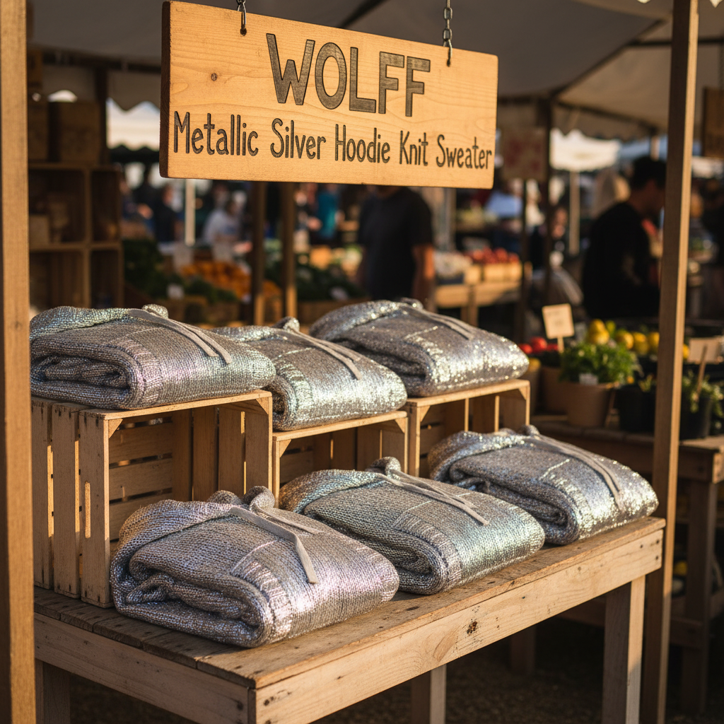 WOLFF Metallic Silver Hoodie Knit Sweater