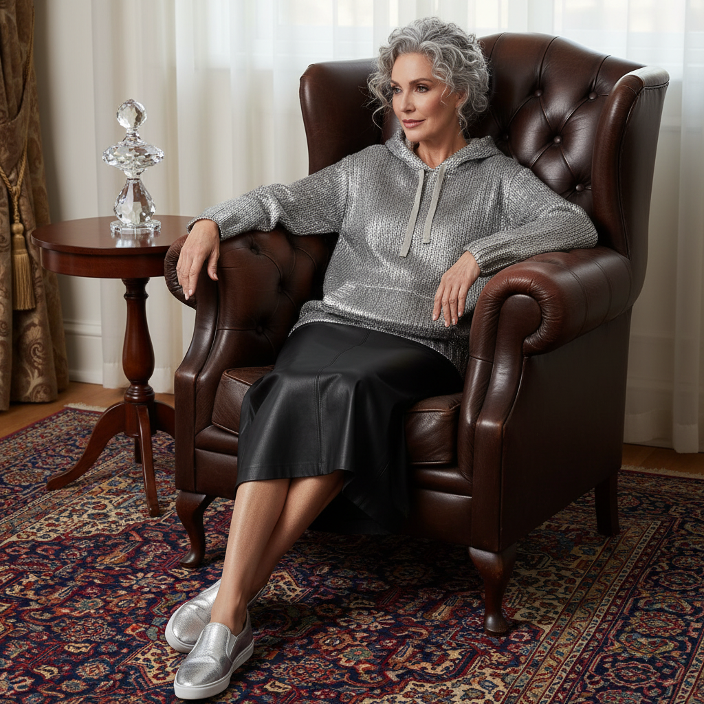 WOLFF Metallic Silver Hoodie Knit Sweater