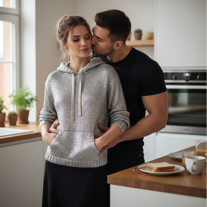 WOLFF Metallic Silver Hoodie Knit Sweater