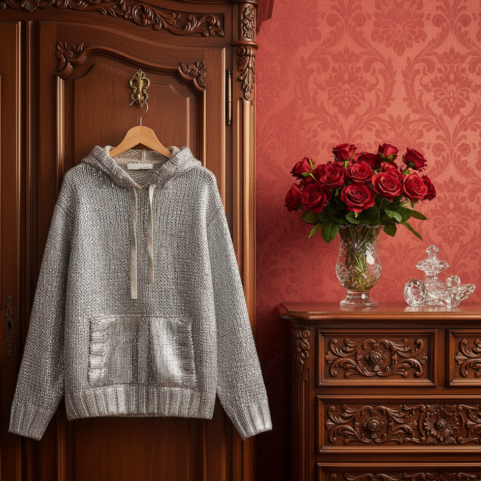 WOLFF Metallic Silver Hoodie Knit Sweater