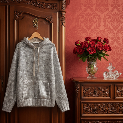 WOLFF Metallic Silver Hoodie Knit Sweater