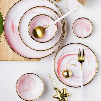 CasaVero's Pink Marble Gold Rim Dinnerware