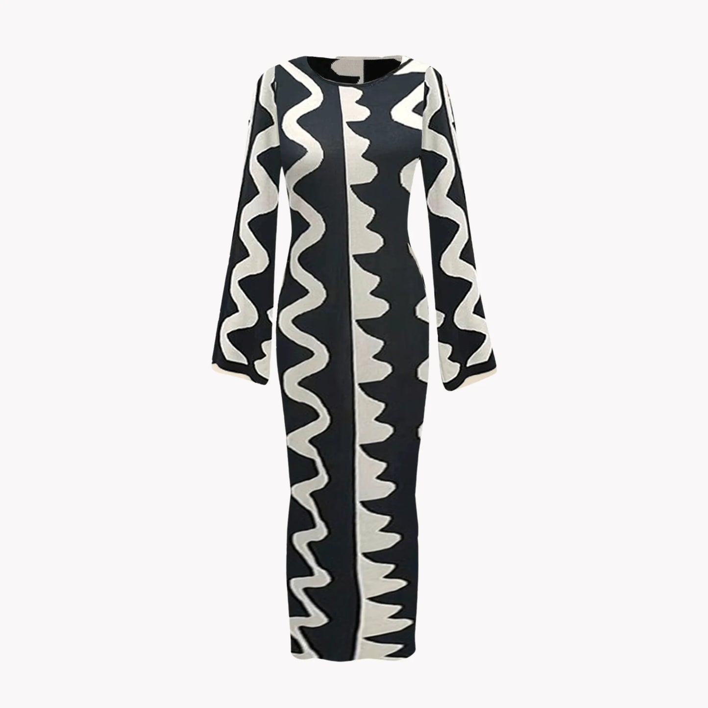 Wave Print Knitted Black Maxi Dress