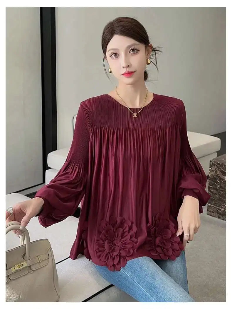 Floral Applique Round-Neck Pleated Blouse Tops