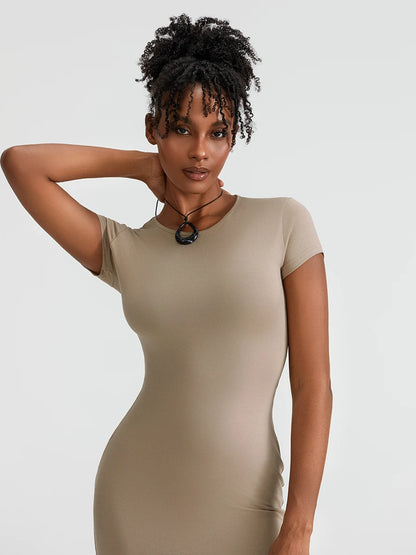 Short Sleeve Crew Neck Midi Bodycon Slip Dress