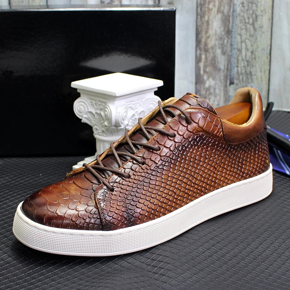 Derby Crocodile Embossed Flat Leather Sneakers