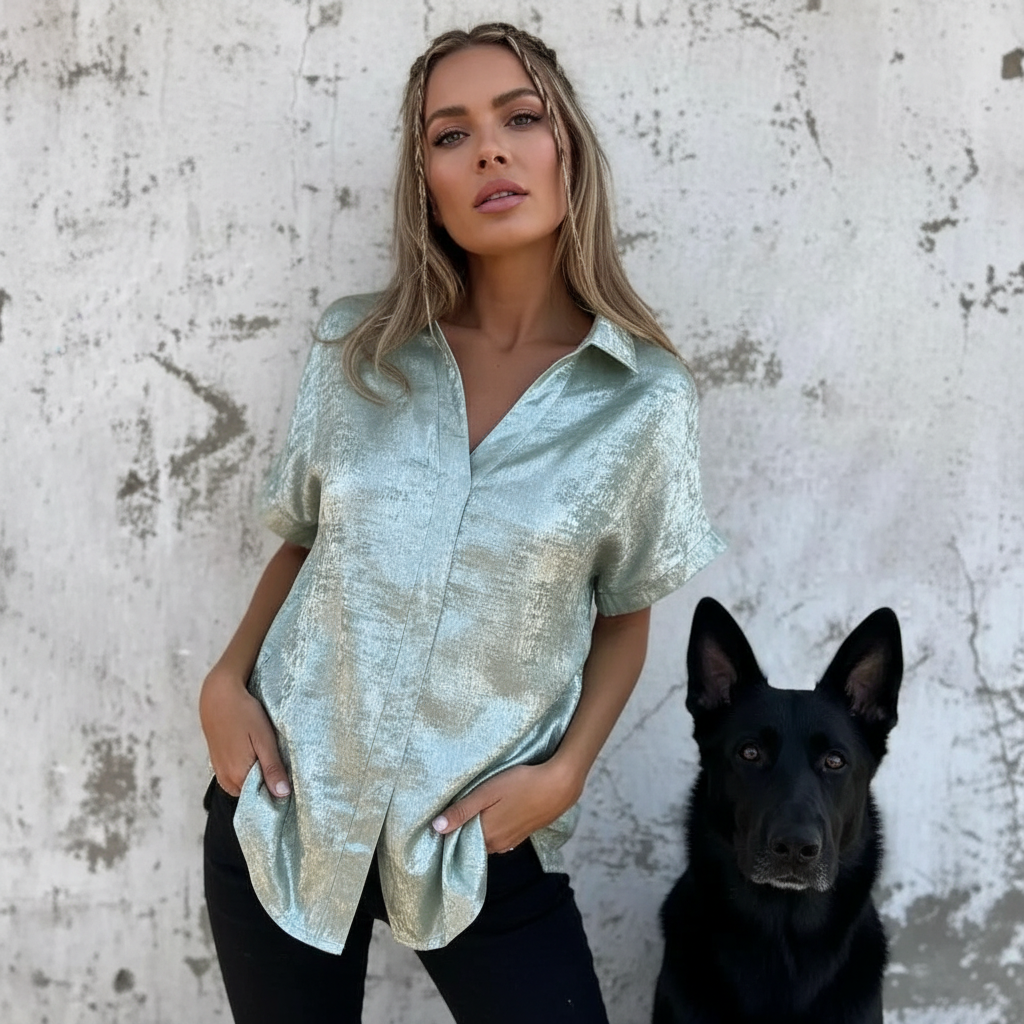 Metallic Polyester Short Sleeve Blouse