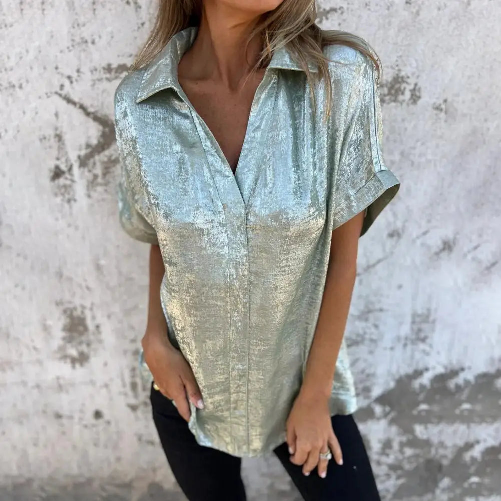 Metallic Polyester Short Sleeve Blouse