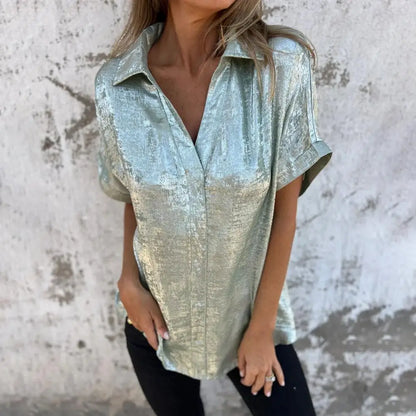 Metallic Polyester Short Sleeve Blouse