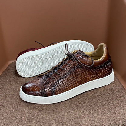 Derby Crocodile Embossed Flat Leather Sneakers