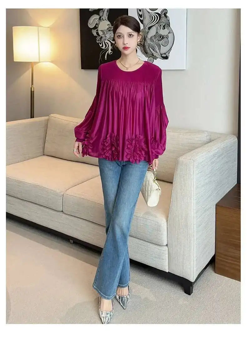 Floral Applique Round-Neck Pleated Blouse Tops