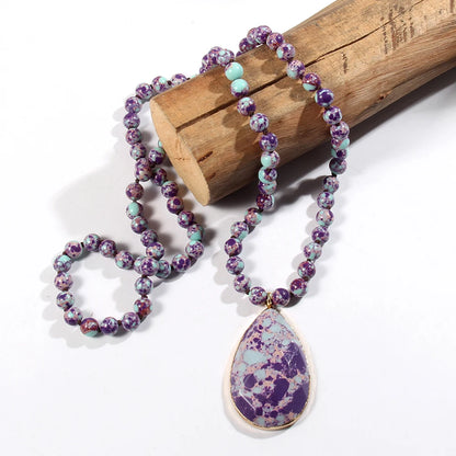 Bohemian Beaded Stone Teardrop Pendant Necklace