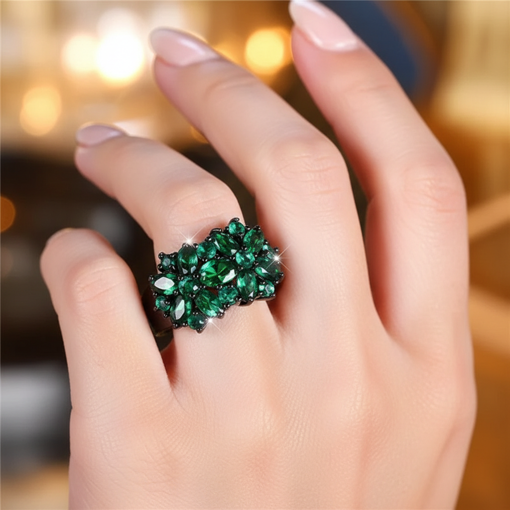 ANGOL Bohemian Emerald and Black Star Synthetic Zirconia Statement Ring