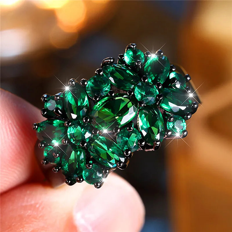 ANGOL Bohemian Emerald and Black Star Synthetic Zirconia Statement Ring