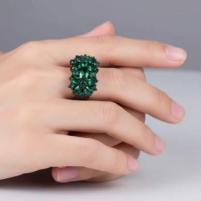 ANGOL Bohemian Emerald and Black Star Synthetic Zirconia Statement Ring