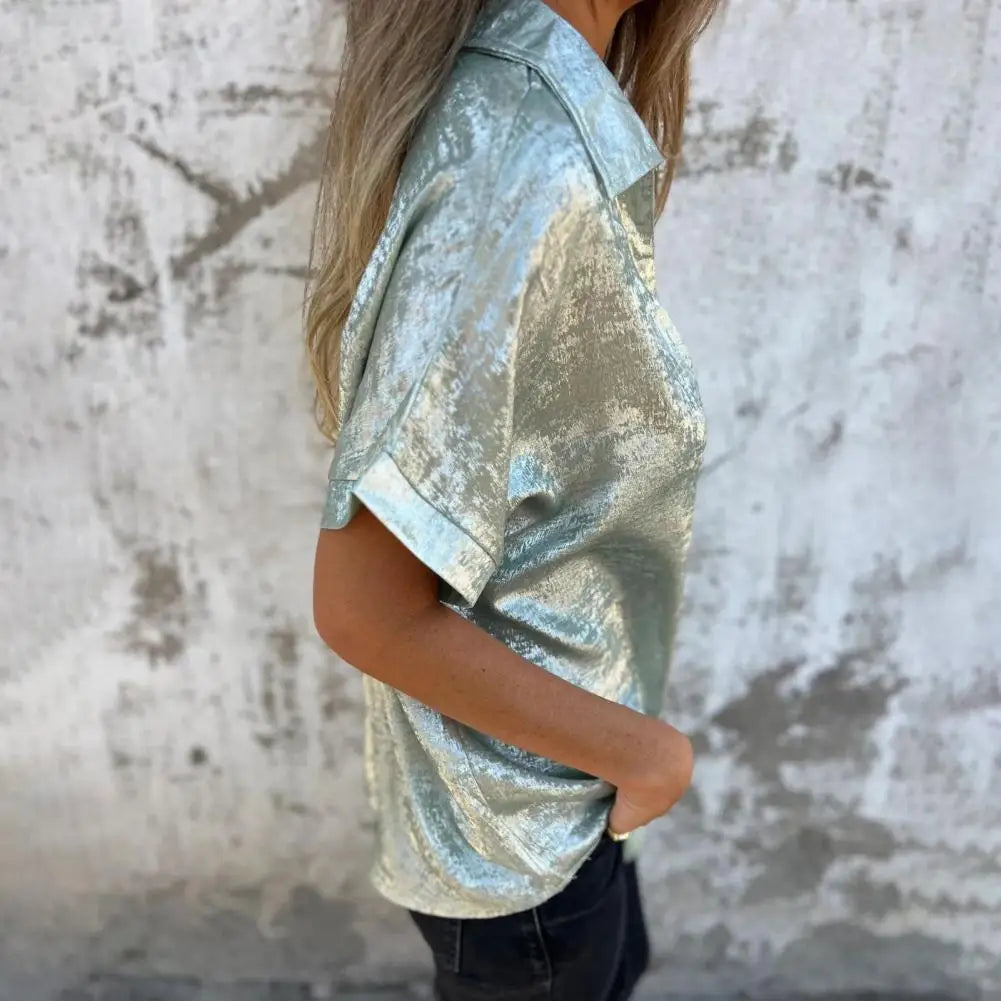Metallic Polyester Short Sleeve Blouse