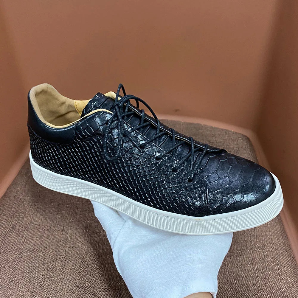 Derby Crocodile Embossed Flat Leather Sneakers