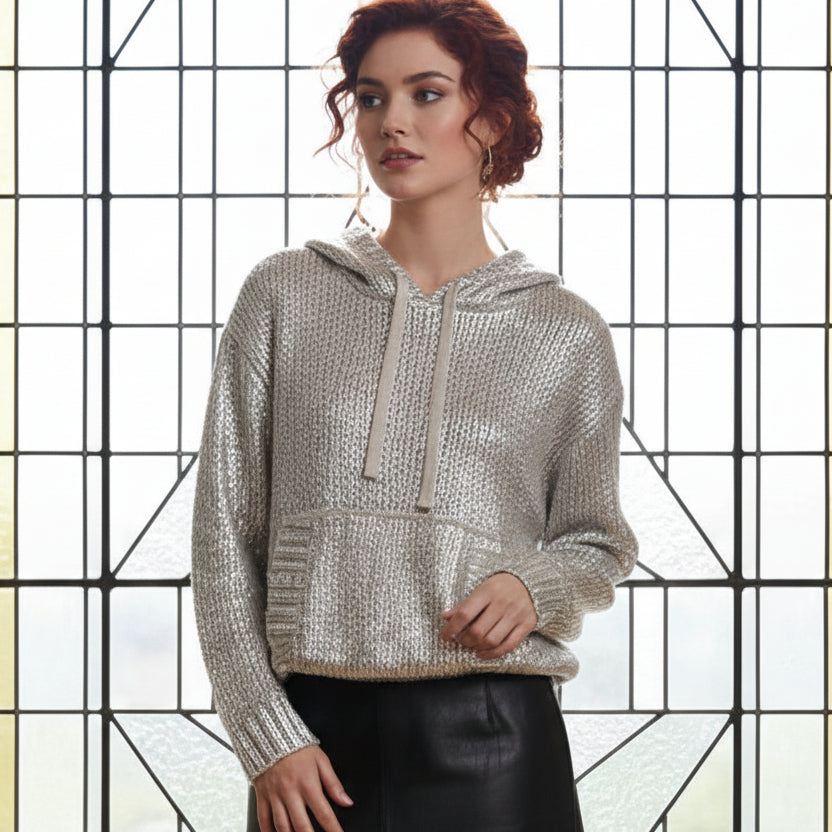 WOLFF Metallic Silver Hoodie Knit Sweater
