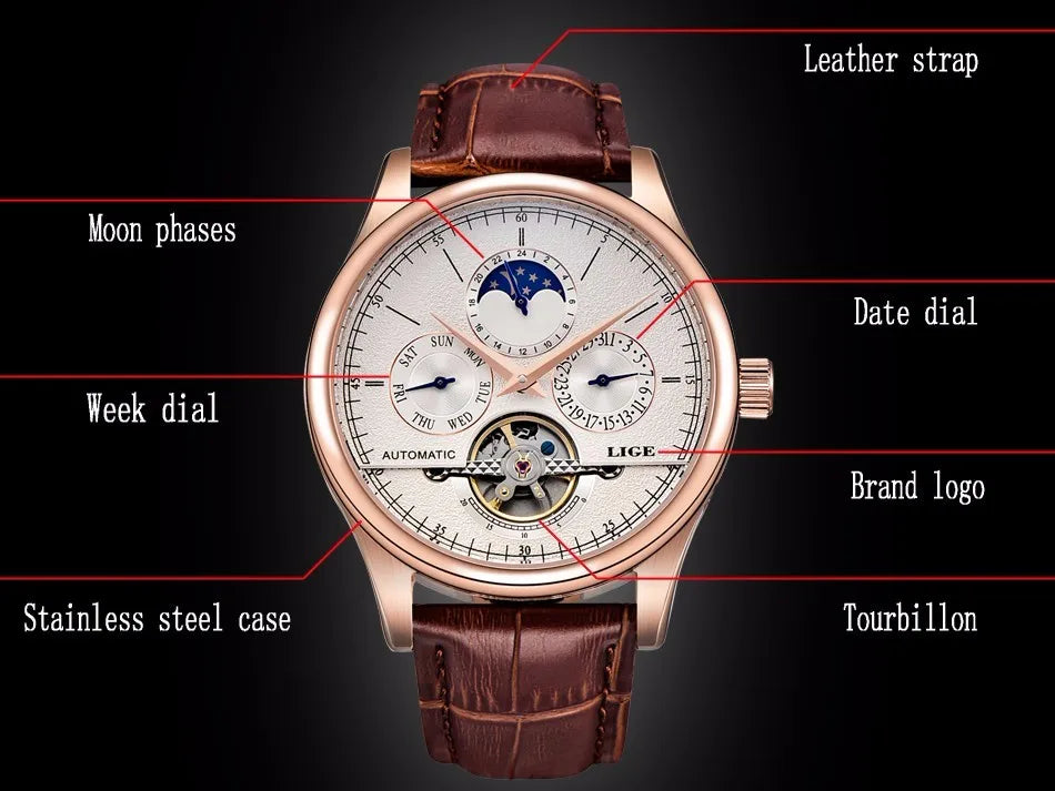 LIGE Belmont Automatic Mechanical Tourbillon Waterproof Watches